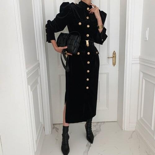 Vintage Black Velvet Long Dress Women OL Style Long Sleeve Single-breasted Female Dress Autumn Winter Sexy Split Bodycon Dress