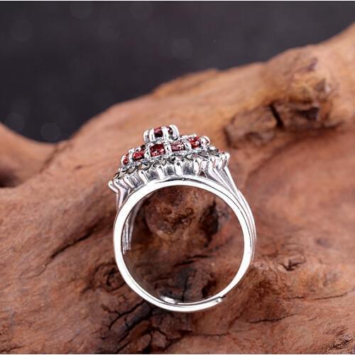 Uglyless Exaggerated Crystals Pagoda Rings for Women Garnet Floral Open Rings Solid 925 Silver Fashion Vintage Dress Jewelry
