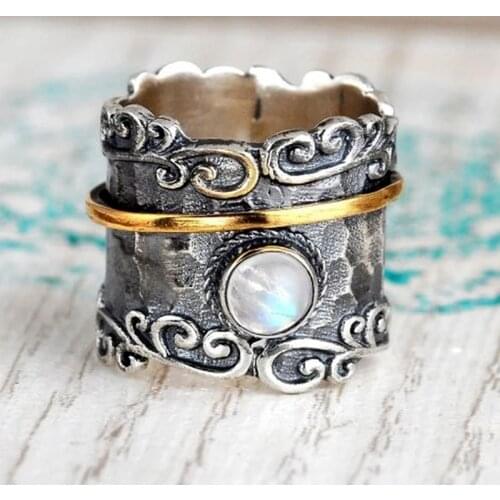 Bohemian Vintage Big Width Moonstone Rings for Women Retro Two-color Handmade Carved Leaf Pattern Ring Statement Female Jewelry