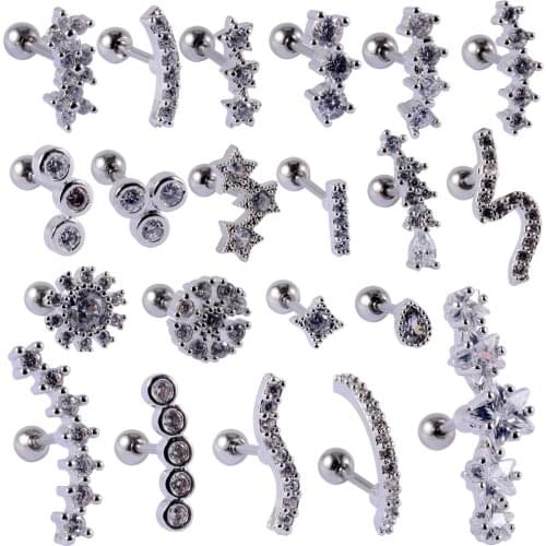 1 PC Stainless&Zircon Cartilage Stud Flower Star rectangle Shape Helix Piercing Tragus Ear Stud Earring Body Piercing Jewelry