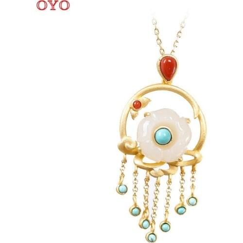 100% s925 sterling silver Hetian jade flower fashion antique womens necklace pendant