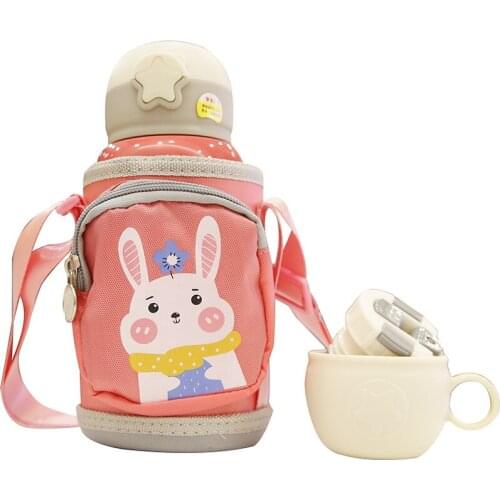 600ML Childrens Portable Cartoon Vacuum Mug Cup Unicorn Stainless Steel Airless Bottle Cute Straw with Insulation Bag