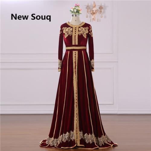 Burgundy Velvet Golden Peals Embroidery Evening Dresses Muslim Saudi Arabic Dubai Middle East Prom Dress Custom Evening Gowns