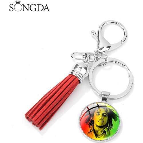 Punk Jamaica Reggae Singer Bob Marley Keychain Red Yellow Green Stripe Harajuku Picture Leather Tassel Car Key Ring Chain