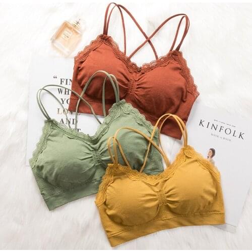 Wasteheart New Women Fashion Red Green Bralette Wireless Cross Strap Lace Padded Bras Maiden Bra Underwear Cup A B C Female Bras