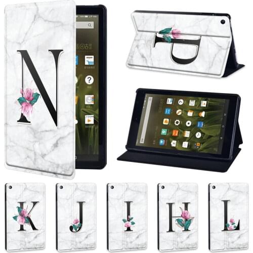 For Amazon Fire 7/Fire HD 8/Fire HD 10 - PU Leather Tablet Case White Marble Letter Print Pattern Protector Cover + Pen