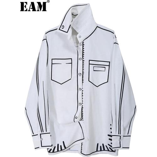 [EAM] Women White Pattern Printed Big Size Blouse New Lapel Long Sleeve Loose Fit Shirt Fashion Tide Spring Autumn 2021 1DD0074