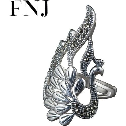 FNJ Animal Peacock Ring 925 Silver Adjustable Size 100% Original Real S925 Solid Silver Rings for Women Jewelry Fine