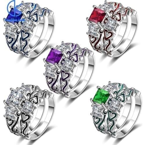 Hot Sale Luxury Ladies Zircon Square Alloy Epoxy Couple Ring Silver Plated Pair Rings Set Men Women Jewelry Party Gifts