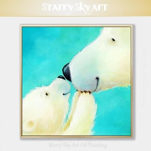 Skilled Artist Hand-painted High Quality Funny Animal Baby Polar Bear Oil Painting on Canvas Cute Animal White Bear Oil Painting