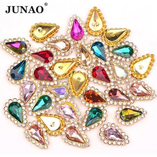 JUNAO 30pcs 8*13mm Mix Color Drop Glass Rhinestones With Gold Claw Sew On Strass Glitter Crystal Stones For Clothes Dress