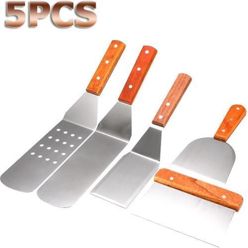 5Pcs/set Stainless Steel Spatula with Wood Handle Grill Griddle Salad Scraper Chopper BBQ Baking Cooking Utensils Kitchen Tools
