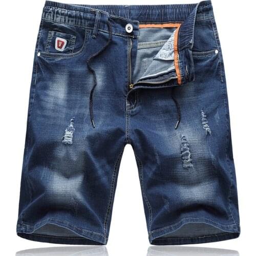 Mens Ripped Denim Shorts 2019 New Arrrivals Summer Casual Elasticity Drawstring Cotton Short Pants Breathable Light Blue Jeans