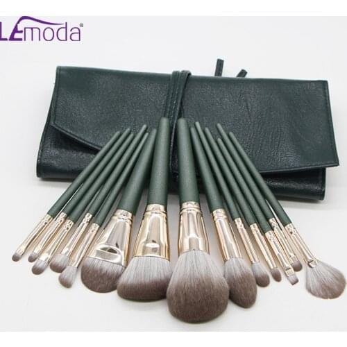 Lemoda 14Pcs Makeup Brushes Set Green Handle Bag Eyeshadow Blending Powder Foundation Eyebrow Brushes Face Eye Cosmetic Tools