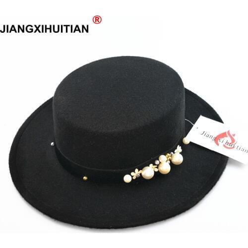 2017 new pearl chapeau femme Vintage fashionable black top felt fedora hat men sombrero bowler church trilby hats for women