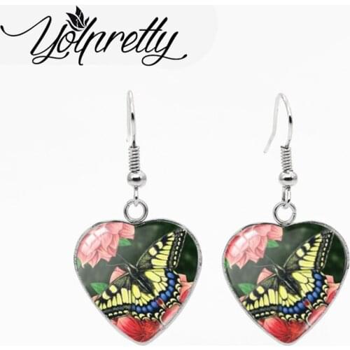 New Arrival Butterflies with Flowers Patterns Heart Stainless Steel Pendant Fish Hook Dangles Earrings