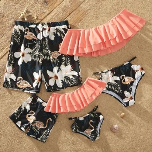 PatPat New Family Look Ruffle Solid Top and Flamingo Floral Print Shorts Matching Swimsuits