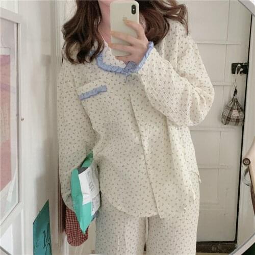 Floral print sleepwear home clothes cotton crepe gauze breathable pajama set long sleeve ruffles top pants two piece set L468