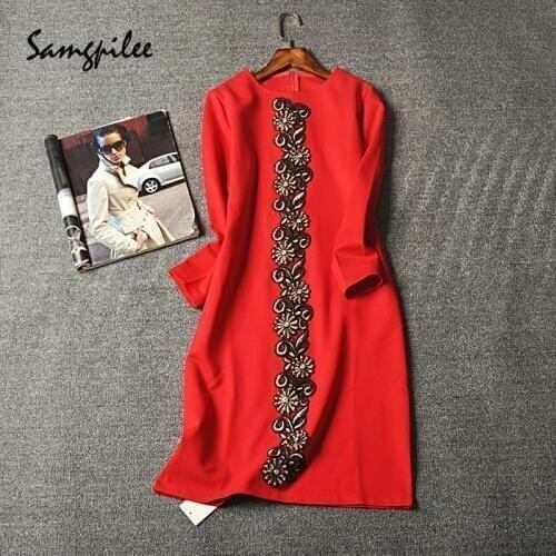 Dress For Womens 2020 Autumn Streetwear A-line Solid Three Quarter Sleeve Appliques Empire O-neck Winter Women Dresses L-3XL