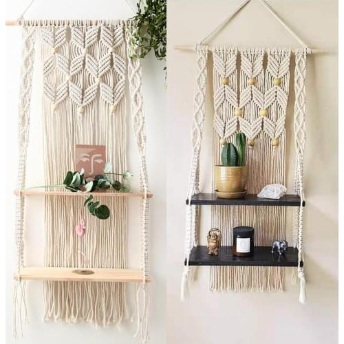 Hand-Woven Beige Macrame Wall Hanging Planter Double Shelf Boho Decor Apartment Dorm Room Decoration Chic Bohemian