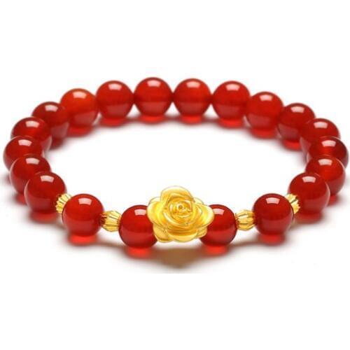 Real 24k Yellow Gold Lucky 3D Rose Flower With Agate Beads Link Bracelet 6.3