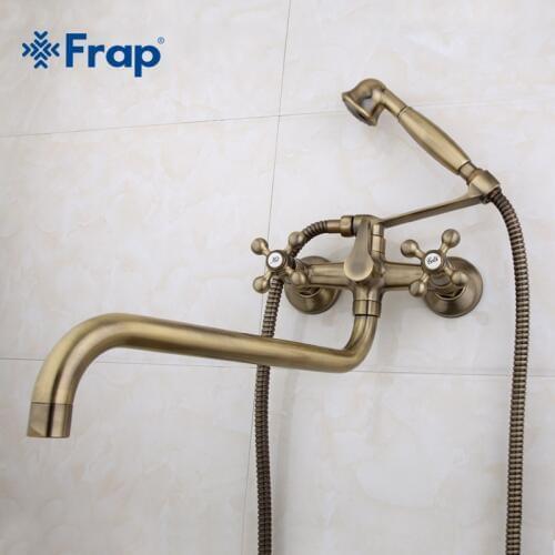 Frap Antique brass bronze shower set head and hand shower bathroom double handle dual hole shower faucet with 36cm nose F2619-4