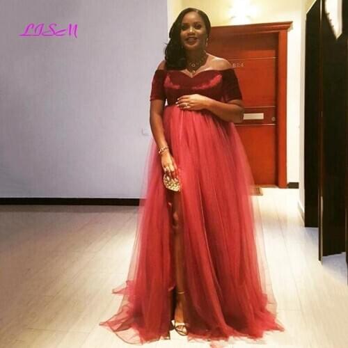 Maternity Evening Dresses Off the Shoulder Short Sleeves Plus Size Prom Dress Sexy Side Split Tulle Party Prom Gowns