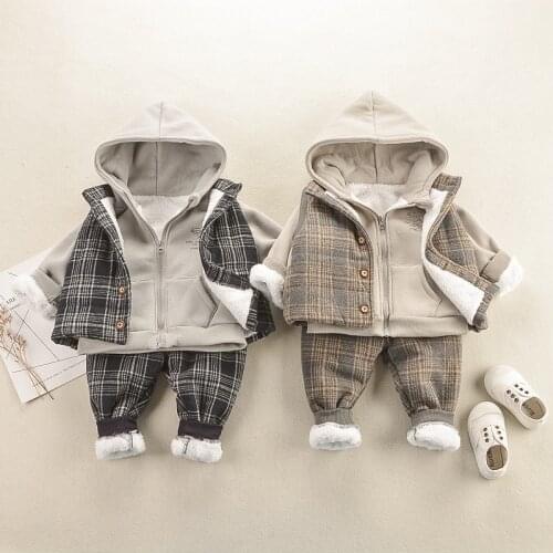 Toddler Clothes Baby Boy Clothing set Korean plaid double-faced velvet 3pcs suit winter quilted vest plus velvet thick coat pant