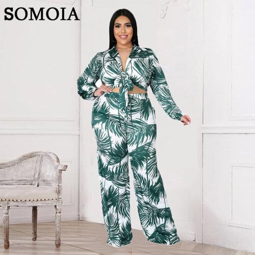 Long Sleeve Plus Size Women Clothing Print Two Piece Set Lapel Lace Up Crop Top and Wide Leg Pants Elegant Casual Suit Wholesale