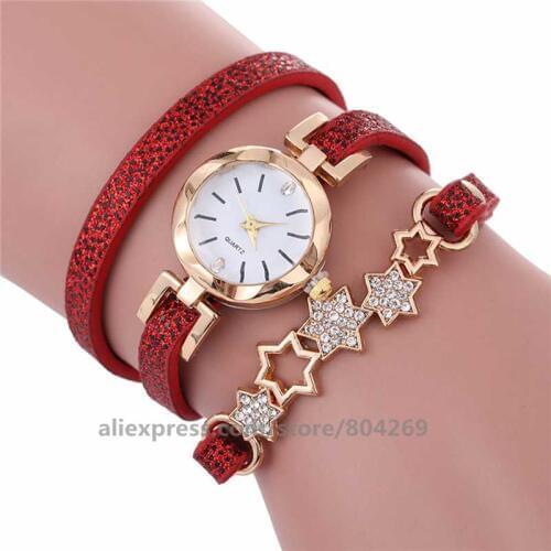 Women star rhinestone leather watch wrap around elegance wristwatch for women long leather watches 920234