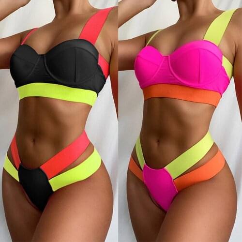 Womens Swimsuits Sexy Swimwear Patchwork Bikini Woman Push up Biquini Neon Bikinis Swimsuit Bathing Suits 2021