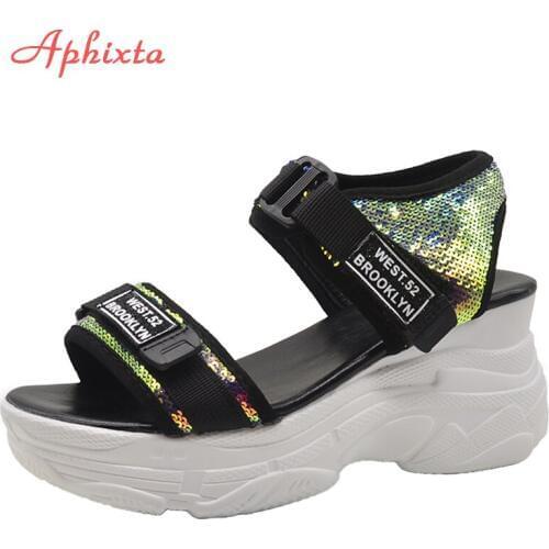 Aphixta Platform Sandals Women Wedge High Heels Shoes Women Sequined Hook & Loop Summer Zapatos Mujer Slippers Woman Sandal