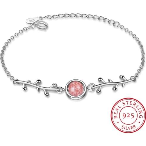 Natural Strawberry Crystal Lucky Bracelet For Women Gift 925 Sterling Silver Leaves Bracelet pulseira S-B226