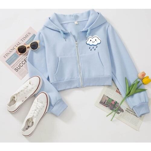 Cute Graphic Crop Top Cloud Cotton Hoodie Long Sleeve Cotton Sweatshirt for Women Kangaroo Pocket Hoodies Zip Up Ladies Jacket