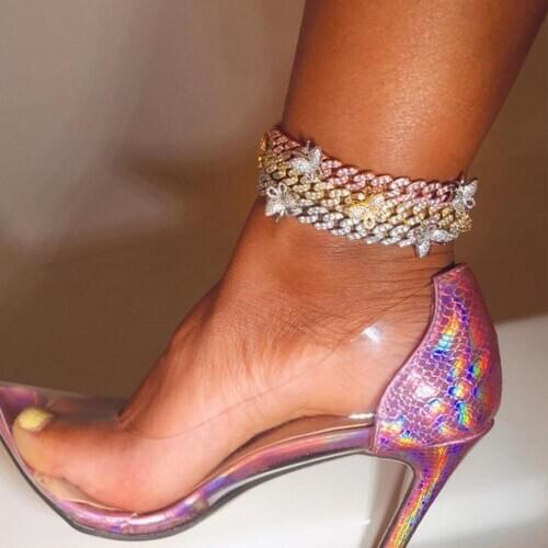 1pcs Hip Hop Jewelry Iced Out Butterfly Anklet Crystal Cuban Chain for Women Fashion Bling Butterfly Charm Anklet Foot Jewelry