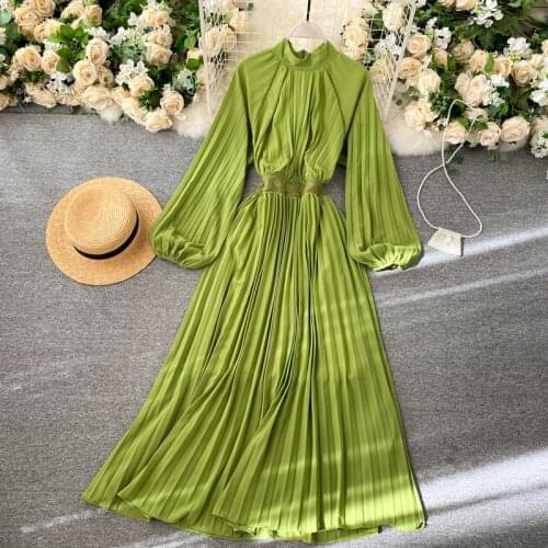 2021 New Spring Autumn Women Stand Collar Long Sleeve Slim Long Dress High Quality Vintage Solid Color Pleated Dress