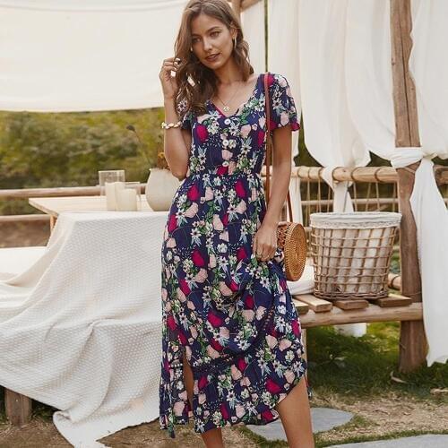 Jastie Boho Floral Print Midi Dress Women Short Sleeve Summer Ladies Gypsy Beach Long Dresses Ethnic Casual Female Vestidos