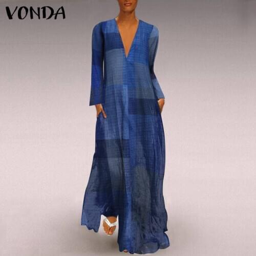S-5XL Women Dress VONDA Casual Long Sleeve Patchwork Printed Holiday Dresses Sexy Deep V Neck Plaid Print Sundress Plus Size 5XL