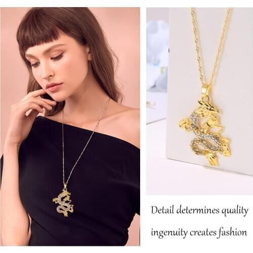Luxury Vintage Chinese Dragon Rhinestones Pendant Chain Sweater Necklace For Women Ladies Necklace Charm Fashion Jewel U7N9