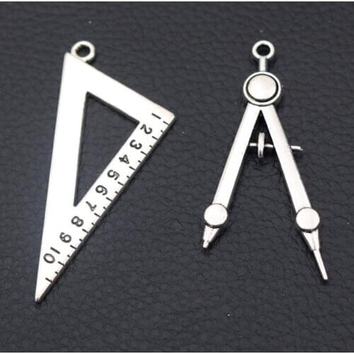 6pcs Fashion 3D Stationery Charms Set Square & Compasses Metal Pendant Popular Necklace DIY Jewelry Handicraft Findings