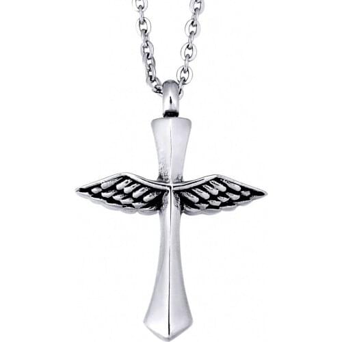 Angel wings Cross Urn Necklace for Ashes Stainless Steel Keepsake Memorial Ashes Cremation Beloveds Ashes Pendant