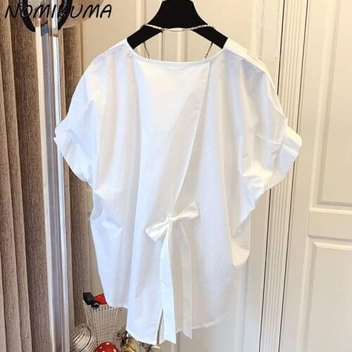 Nomikuma Woman Tops Causal Korean Bow Tie Irregular Blouse Shirt 2021 Summer New Puff Sleeve O-neck Blusas Mujer De Moda 6H802