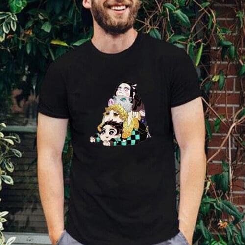 Demon Slayer Manga TShirt Men Fashion Japanese Anime Tees Kawaii Cartoon Tanjiro and Nezuko Graphic Cotton Streetwear Male
