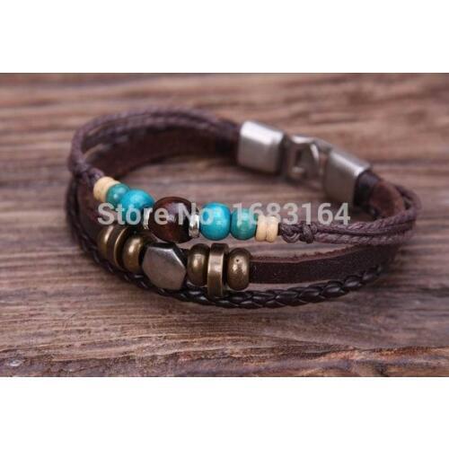 G77 Silver Ethnic Wood Beads Hemp Leather Bangle Bracelet Cuff Metal Clasp Mens
