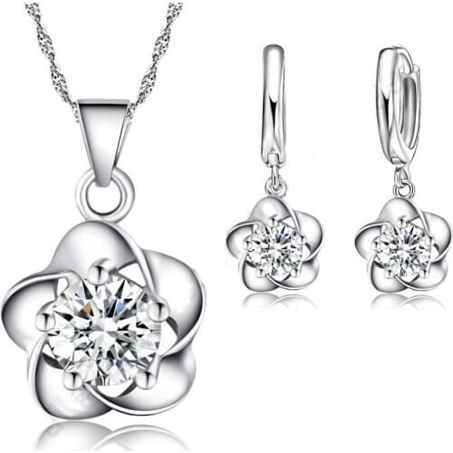 Nice Woman Gift Set,Beautiful Flower With CZ Zircon Pure 925 Sterling Silver Necklace Earrings Wedding Party Jewelry For Bridal