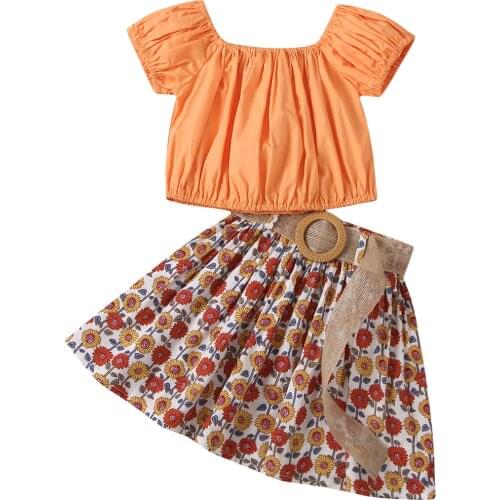 2-6Years Girl’s Skirt Two Piece Suit Fashion Solid Color Short Sleeve Tops and Sunflower Short Skirt with Waistband