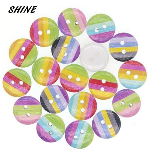 SHINE Brand 50Pcs/Lot Round Wooden Buttons Colorful Stripe 15mm Mixed Random DIY Craft Scrapbooking Sewing Accessories W10049