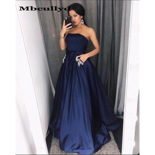 Mbcullyd Luxury Satin Strapless Evening Dresses with Crystal Pockets 2020 Dress For Graduation Long Plus Size vestido de fiesta
