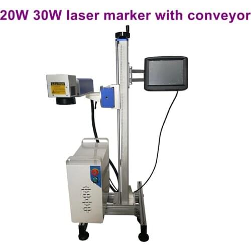 Flight fiber laser marking machine for metal parts with conveyor 20W 30W Raycus laser source