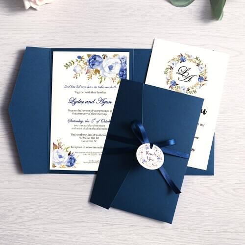 100pc Wedding Invitation Navy Blue Pink Burgundy Greeting Card with Envelope Party With Ribbon and Tag